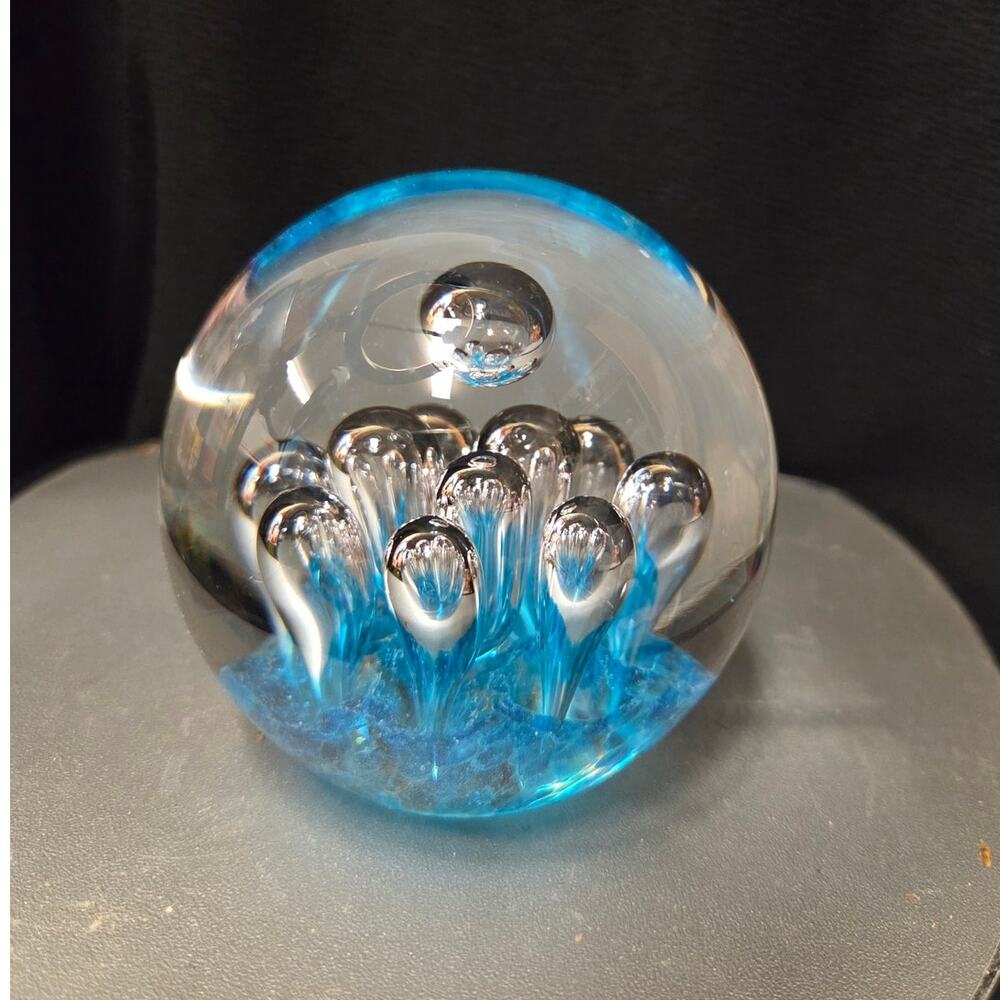 Hand Blown Art Glass Paperweight Controlled Bubble Blue Bullicante Vintage 3"X3"